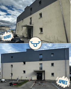 Nettoyage de façade par drone en Savoie sur immeuble en copropriété avant et après intervention